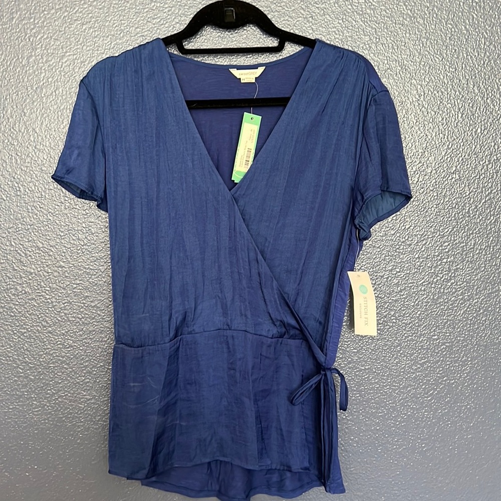 Blue shirt sleeve faux wrap top